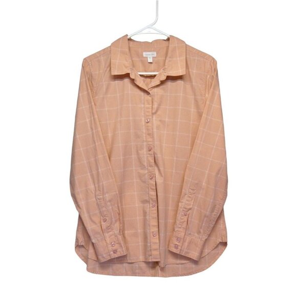 Garnet Hill Shirt Womens 8 peach coral white Plaid 100% Pima Cotton Button Up‎ - Picture 2 of 11
